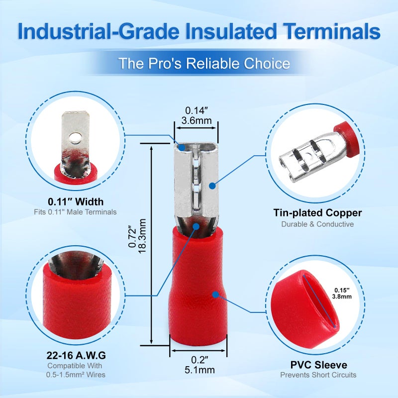 Baomain 0.11" Female Quick Disconnect Spade Terminals,Insulated Crimp Connectors 22-16 AWG 2.8mm,Red, (100-Pack) - Image 2